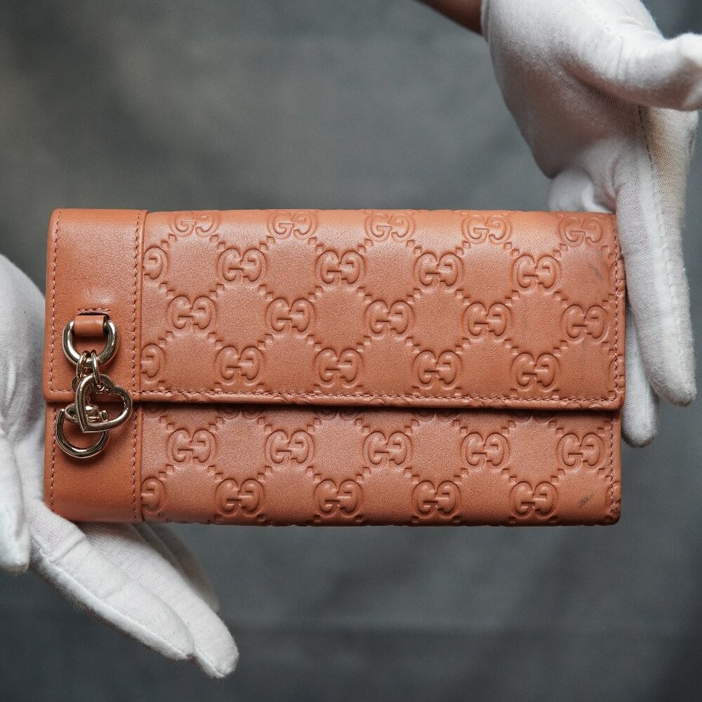 GUCCI Ssima Horse Bit Heart GG Logo Leather Long Bifold Wallet